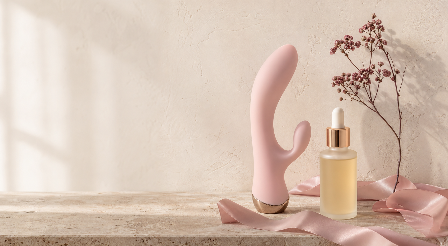 Blush intimate wellness essentials arranged on a stone vanity
